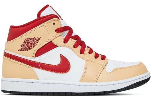 Jordan 1 Mid Light Curry Cardinal Red